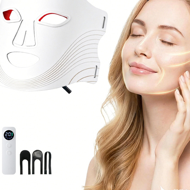 Facial mask device with a woman using it, showing before and after effects.

